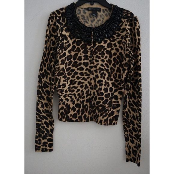 International Concepts Women's Sz S Leopard Print Beaded Button Up Sweater - Picture 1 of 8
